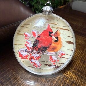 Cardinal Christmas Ornament Glass Love Birds On Branch Snow Holiday Cheer Tree